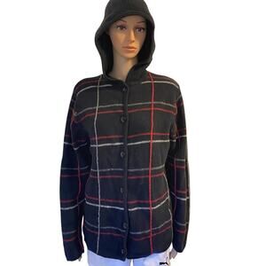 Vintage Cherokee Women S Black Plaid Wool Hooded Button Up Cardigan Japan Made